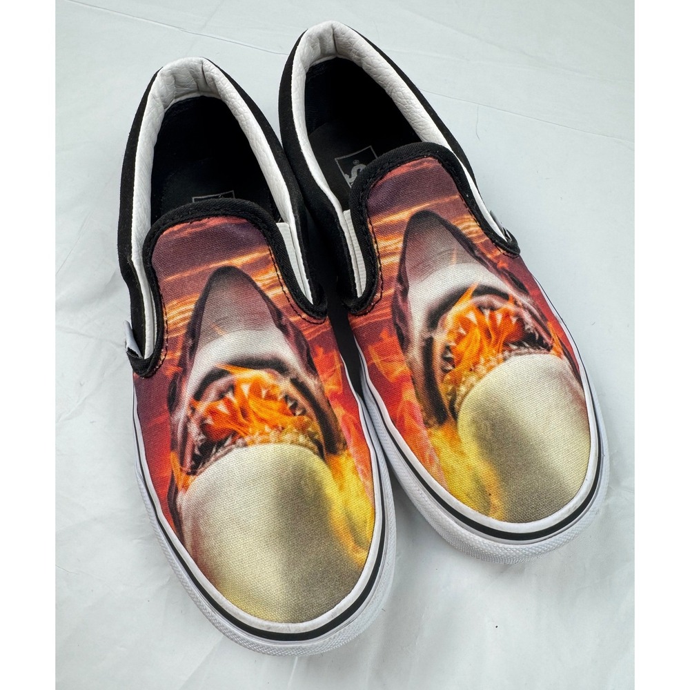 Vans Kids Classic Slip-On Shark Fire Graphic Sneakers Black White Youth Size 3.0